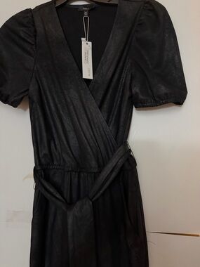 Wrap Faux-Leather Puff Sleeve Jumpsuit- Black